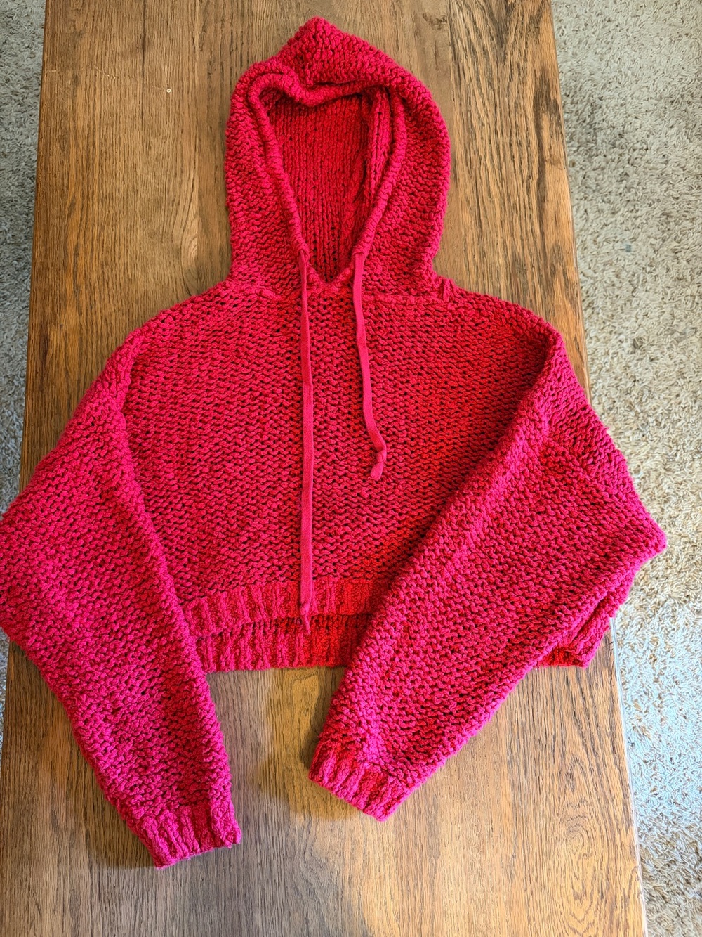 Women’s Bright Pink Cozy Loose-Knitted Pilcro Cropped Hooded Sweater sz S